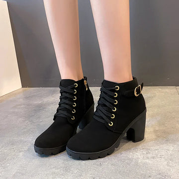 Xajzpa  Boots Women Shoes Women Fashion High Heel Lace Up Ankle Boots Ladies Buckle Platform Artificial Leather Shoes bota feminina